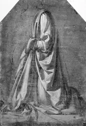 Draperiestudie voor een knielende figuur in driekwart profiel naar links, c.1475